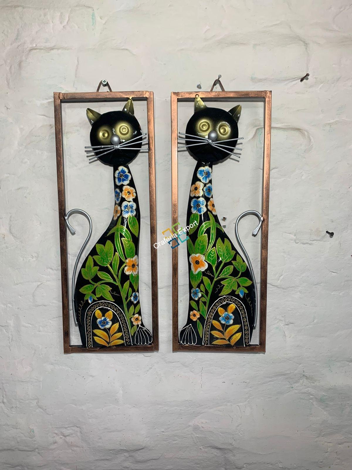 Cat Metal Wall Hanging Handmade Frame Panels (Set of 2) | Wall Decoration Hand painted Art For Living Rooms ,Hotels ,Office Decorations