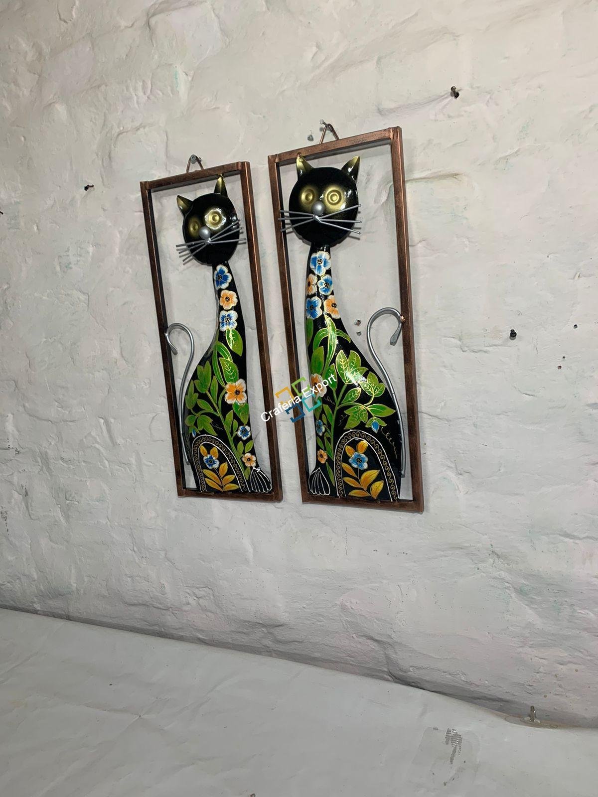 Cat Metal Wall Hanging Handmade Frame Panels (Set of 2) | Wall Decoration Hand painted Art For Living Rooms ,Hotels ,Office Decorations