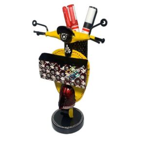 Metal Handmade Scooter Shaped Pen Pencil /Card Holder Table Top Decor Showpiece For Home, Office Use -Yellow Color