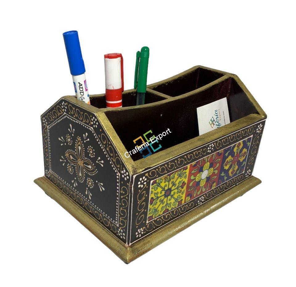 Ethnic Wooden Tiles Cabinet Box/Table Decor With 4 Compartment