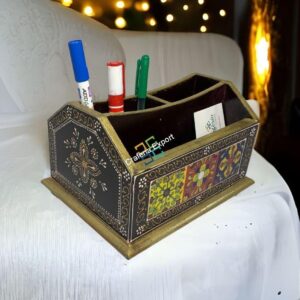 Ethnic Wooden Tiles Cabinet Box/Table Decor With 4 Compartment