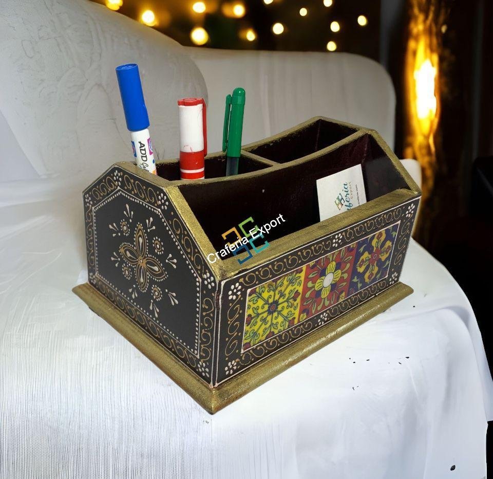 Ethnic Wooden Tiles Cabinet Box/Table Decor With 4 Compartment