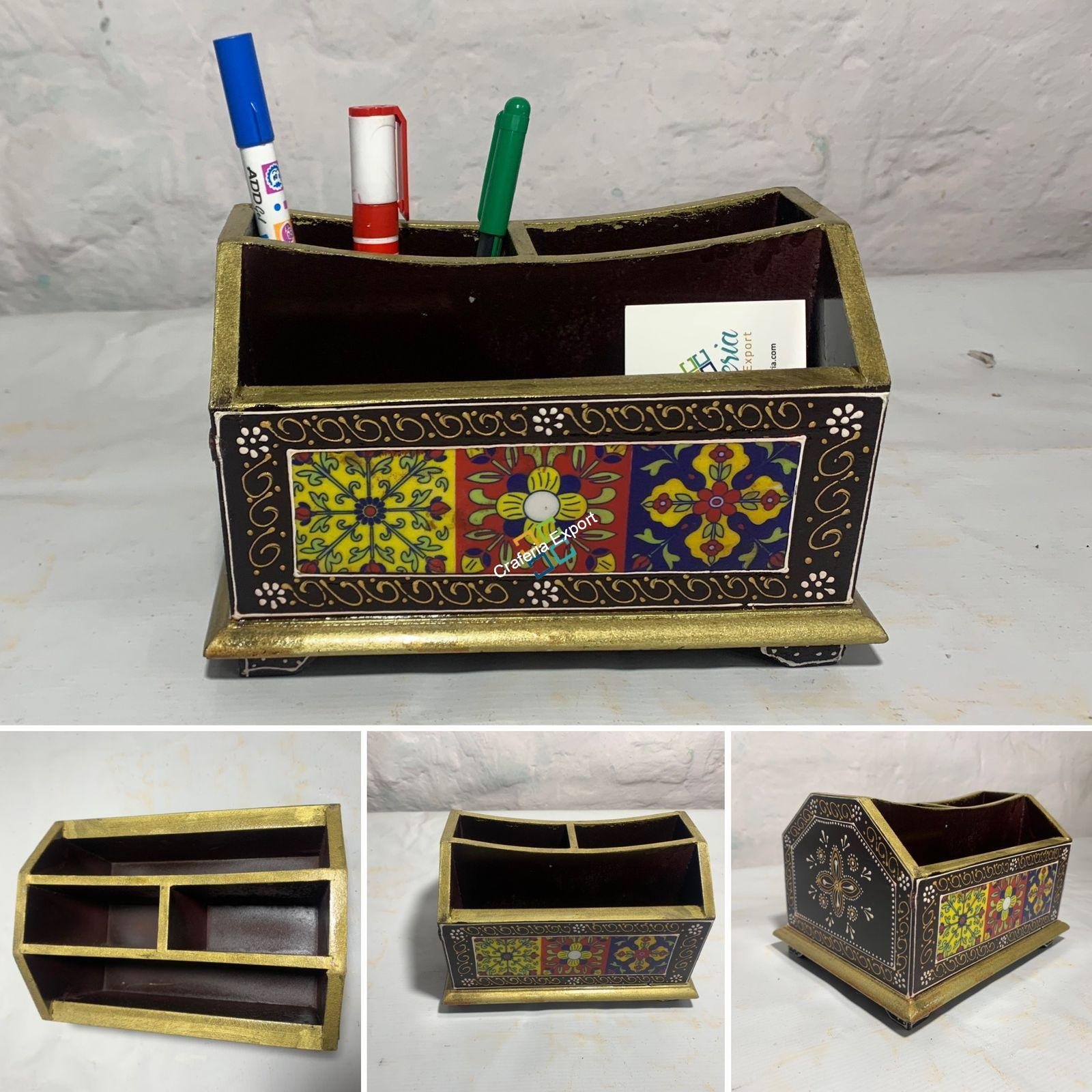 Ethnic Wooden Tiles Cabinet Box/Table Decor With 4 Compartment