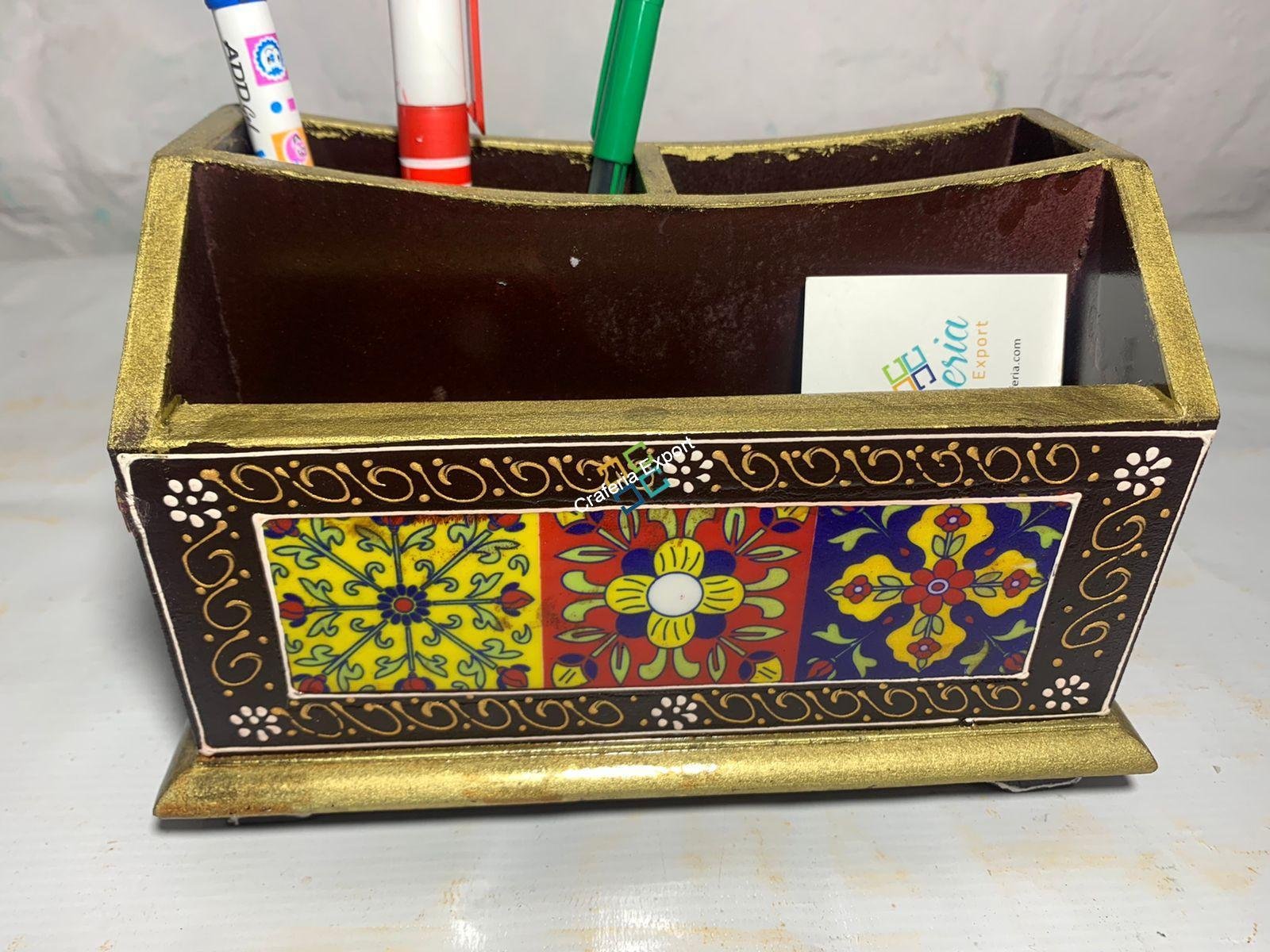 Ethnic Wooden Tiles Cabinet Box/Table Decor With 4 Compartment