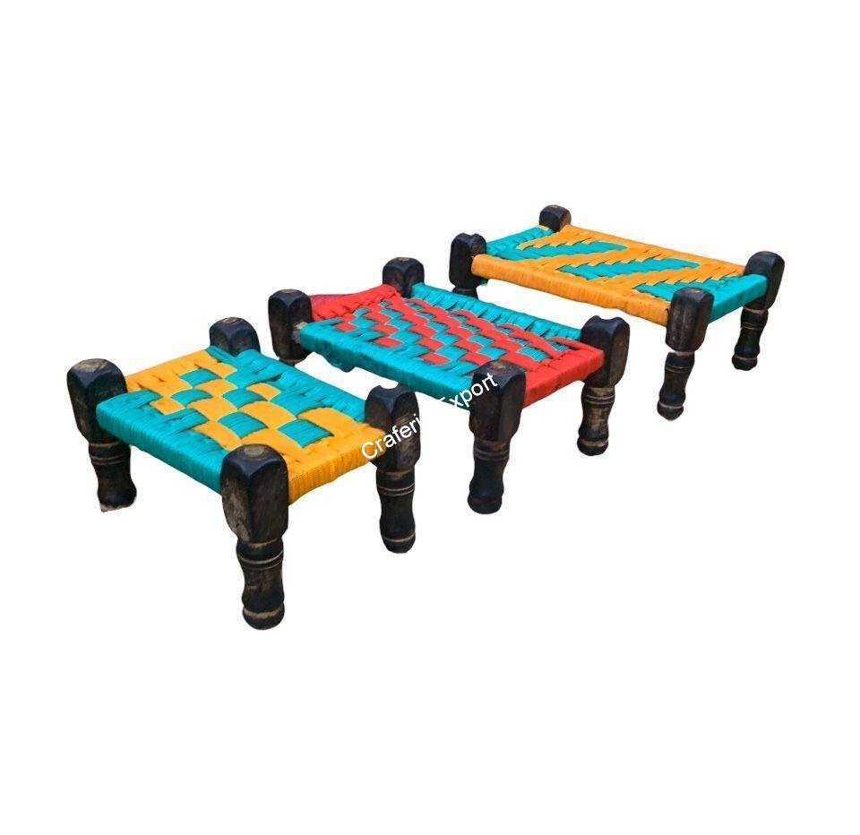 Wooden and Jute Miniature Charpai Cot Toy for Kids, Miniature Cot, Traditional Home decor Set of 3