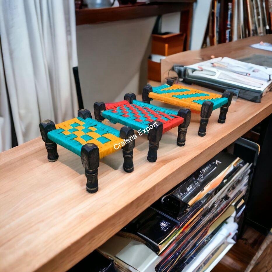 Wooden and Jute Miniature Charpai Cot Toy for Kids, Miniature Cot, Traditional Home decor Set of 3