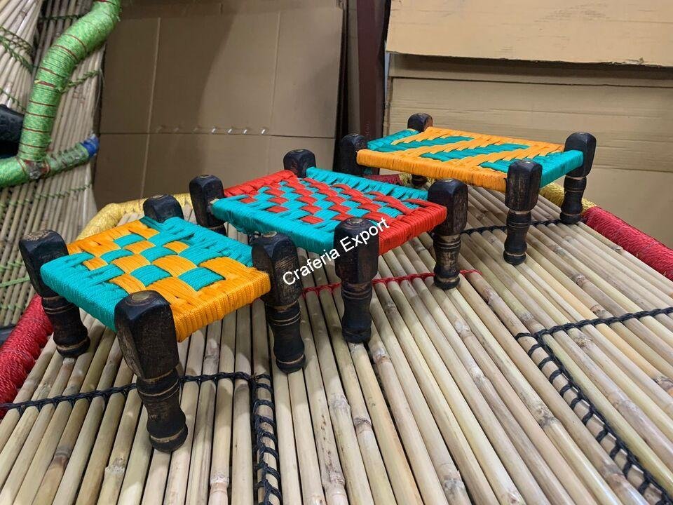 Wooden and Jute Miniature Charpai Cot Toy for Kids, Miniature Cot, Traditional Home decor Set of 3