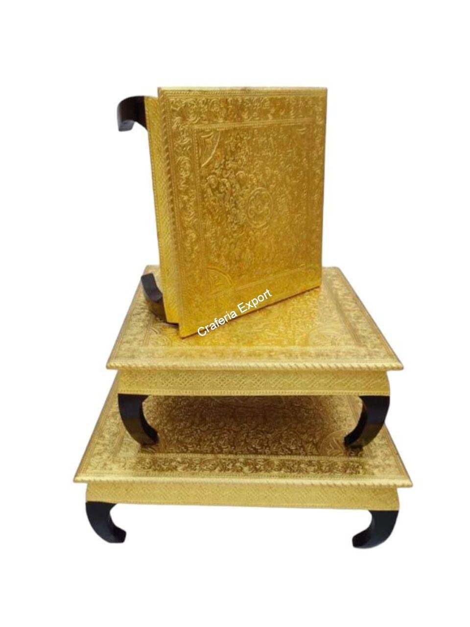 Golden Wooden Chowki Set of 3 with Brass Meenakari Work