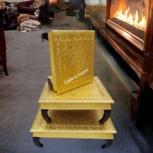 Golden Wooden Chowki Set of 3 with Brass Meenakari Work