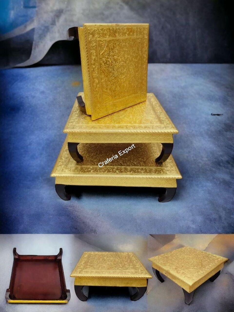 Golden Wooden Chowki Set of 3 with Brass Meenakari Work