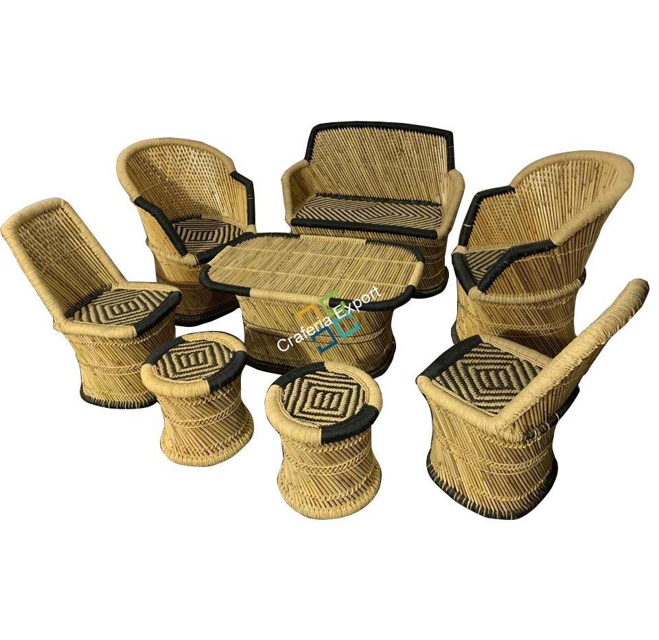 Bamboo Handmade Mudha Furniture (Set of 8) Chairs,Table Stools for living Areas of Home , Hotels , Resorts  Use