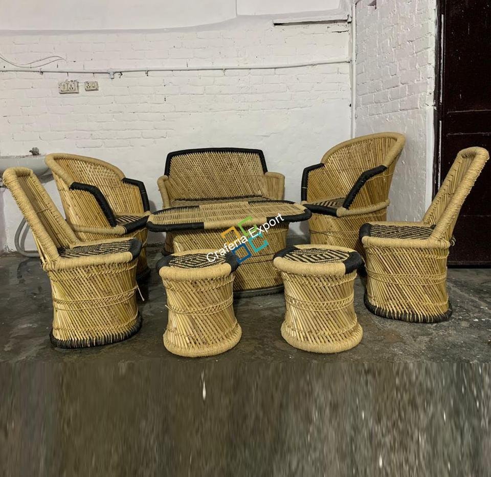Bamboo Handmade Mudha Furniture (Set of 8) Chairs,Table Stools for living Areas of Home , Hotels , Resorts  Use