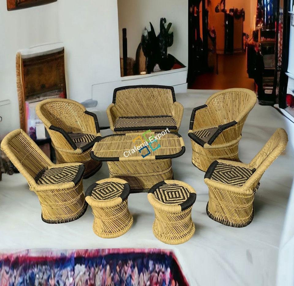 Bamboo Handmade Mudha Furniture (Set of 8) Chairs,Table Stools for living Areas of Home , Hotels , Resorts  Use