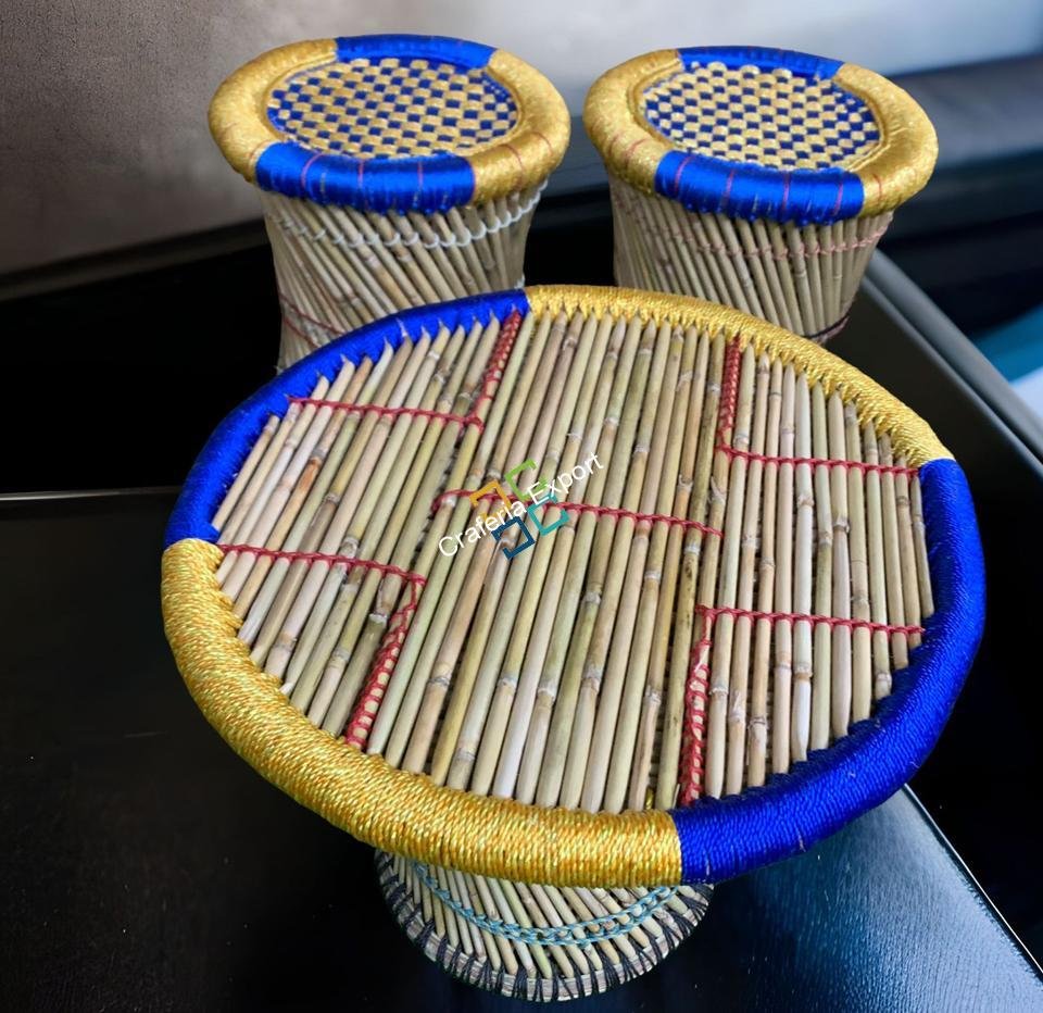 Bamboo Round Table and Stools Mudha (Set of 3) Furniture Set For Home, Hotels , Restaurants ,Bars , Cafe Use