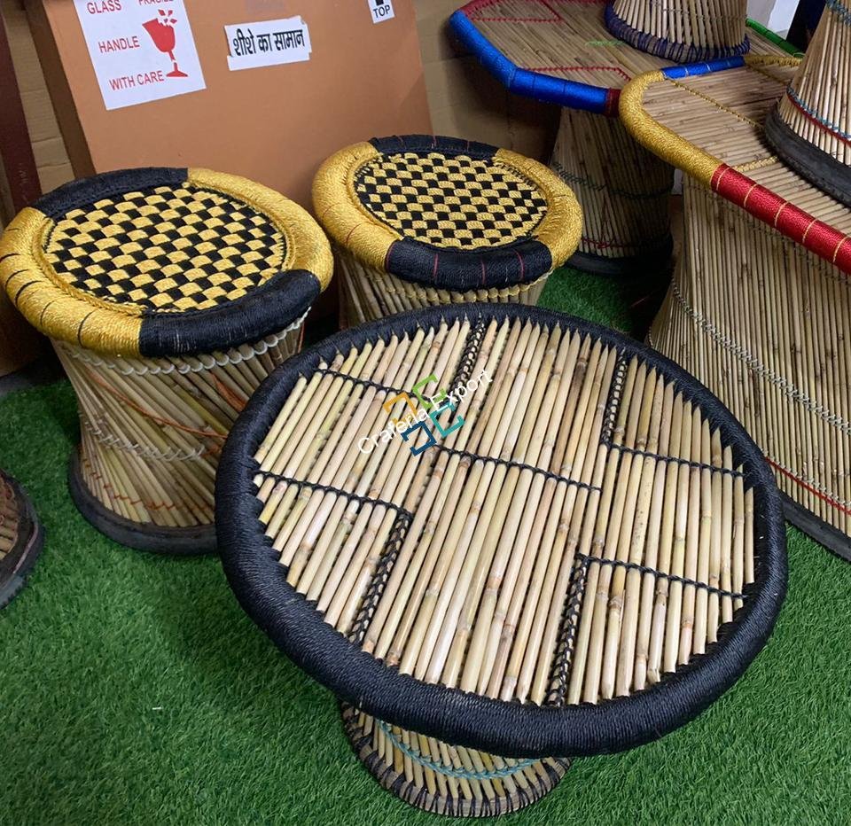 Bamboo Round Table and Stools Mudha (Set of 3) Furniture Set For Home, Hotels , Restaurants ,Bars , Cafe Use