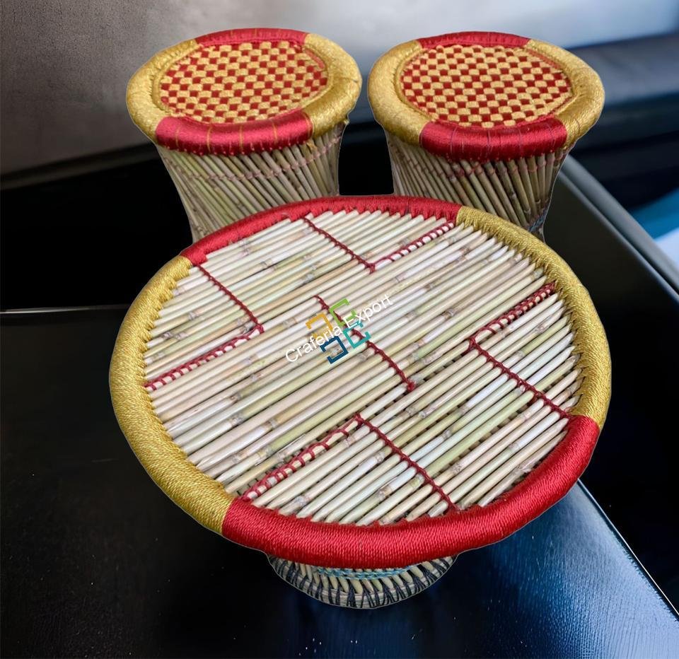 Bamboo Round Table and Stools Mudha (Set of 3) Furniture Set For Home, Hotels , Restaurants ,Bars , Cafe Use