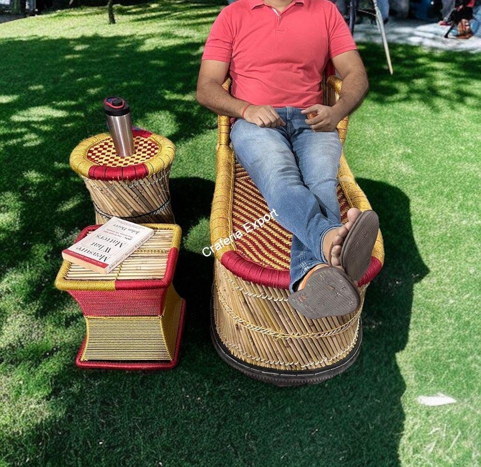 Eco-friendly Bamboo Long Mudha Chair for Indoor/Outdoor with Armrest in multicolour