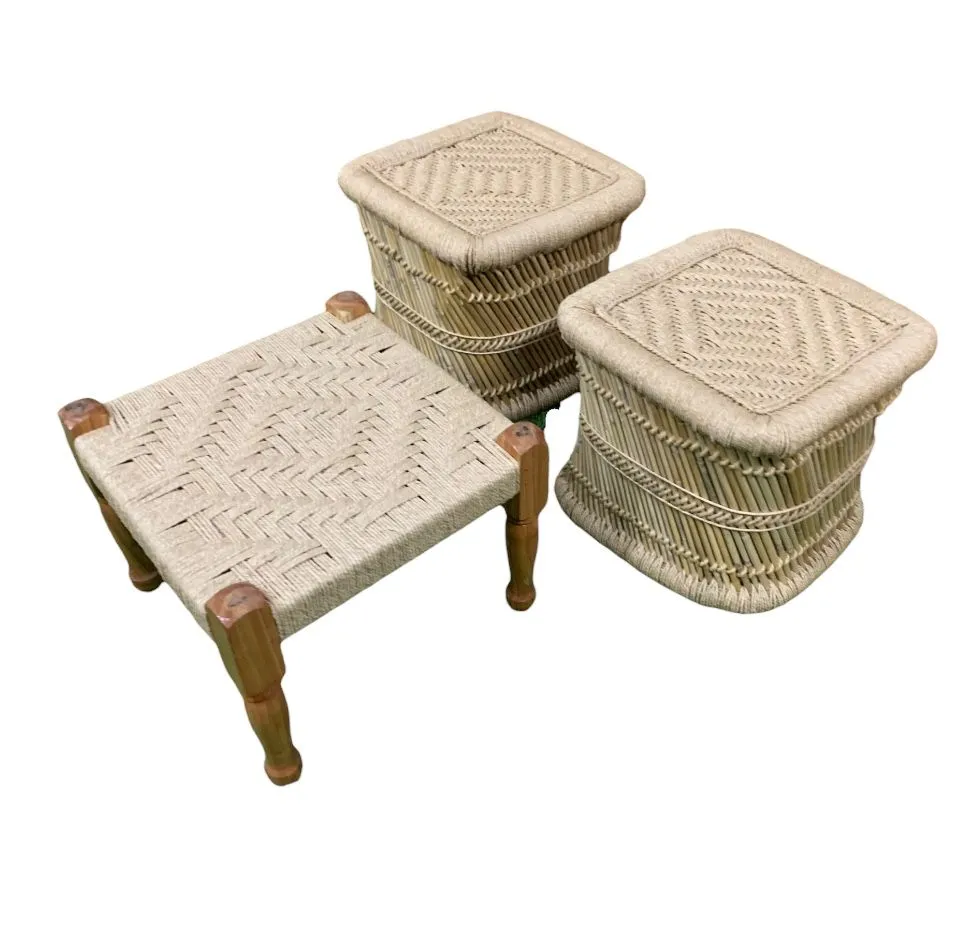 Woven wooden pidha with mudda stool for indoor and outdoor set of 3