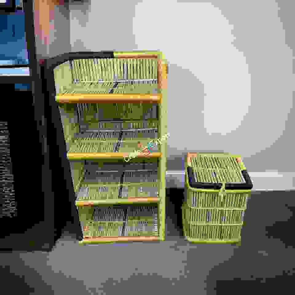 Bamboo shelf rack and laundry basket combo set