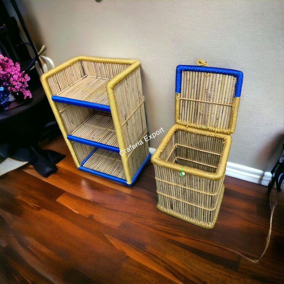 Eco-friendly bamboo cane laundry basket and bamboo rack shelf combo set