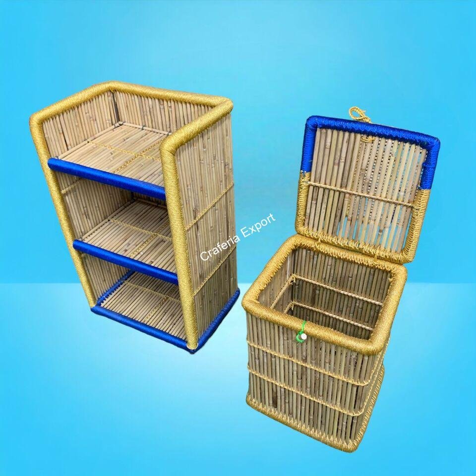 Eco-friendly bamboo cane laundry basket and bamboo rack shelf combo set