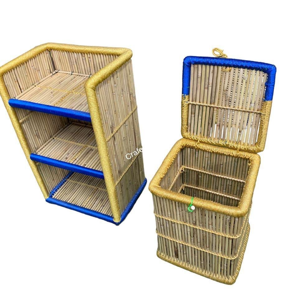 Eco-friendly bamboo cane laundry basket and bamboo rack shelf combo set