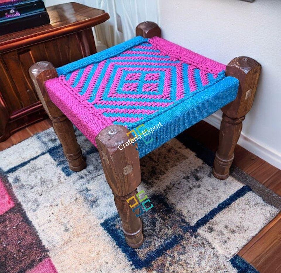 Wooden sheesham rope colourful pidha stools | small bench sitting for home decor, garden /Living room, party/hotel/restaurant/home decoration