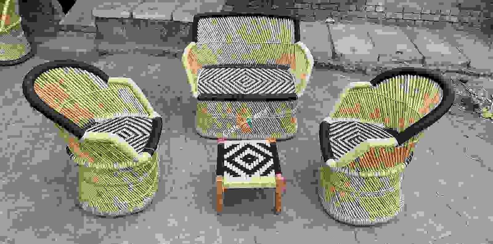 Bamboo Three Seater Sofa With Two Chairs And Wooden Pidha Furniture Set for Outdoor indoor