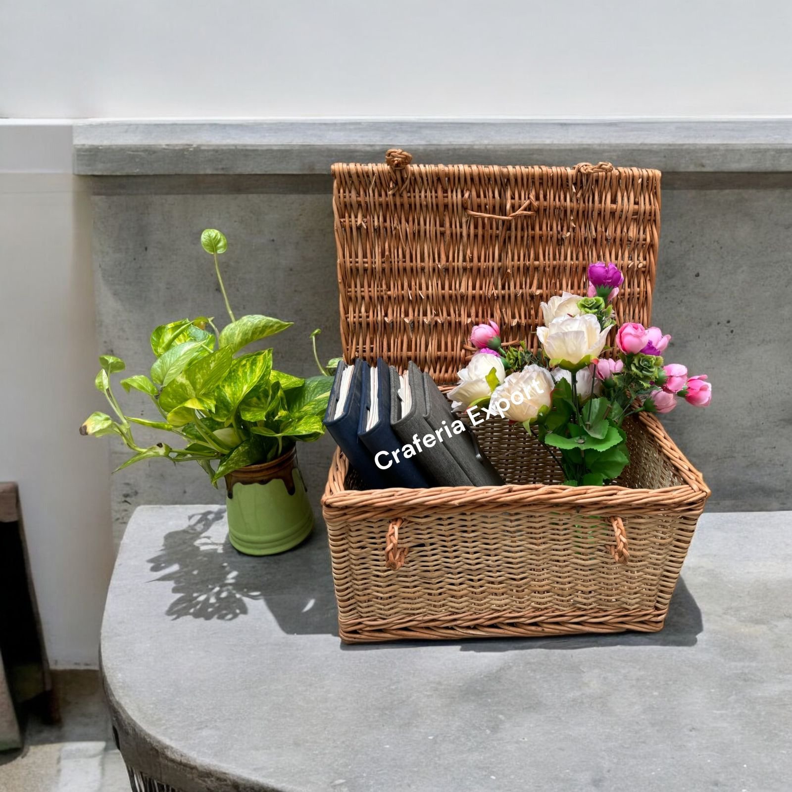 Rectangular Shape Cane Baskets with Lid Wicker Handle basket for Multipurpose /Gift Hamper