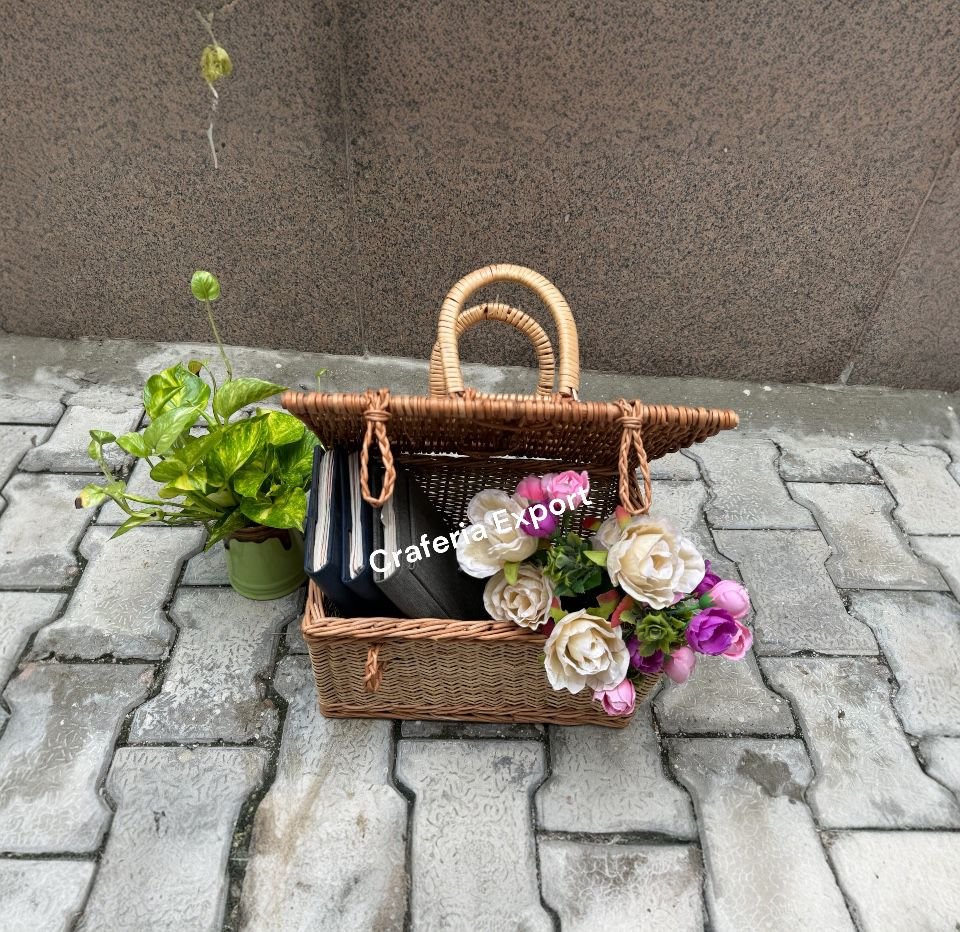 Rectangular Shape Cane Baskets with Lid Wicker Handle basket for Multipurpose /Gift Hamper