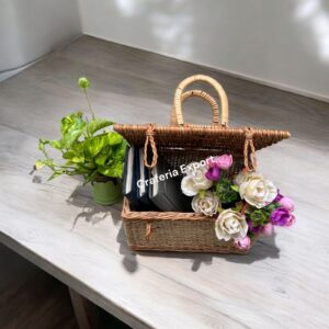 Rectangular Shape Cane Baskets with Lid Wicker Handle basket for Multipurpose /Gift Hamper