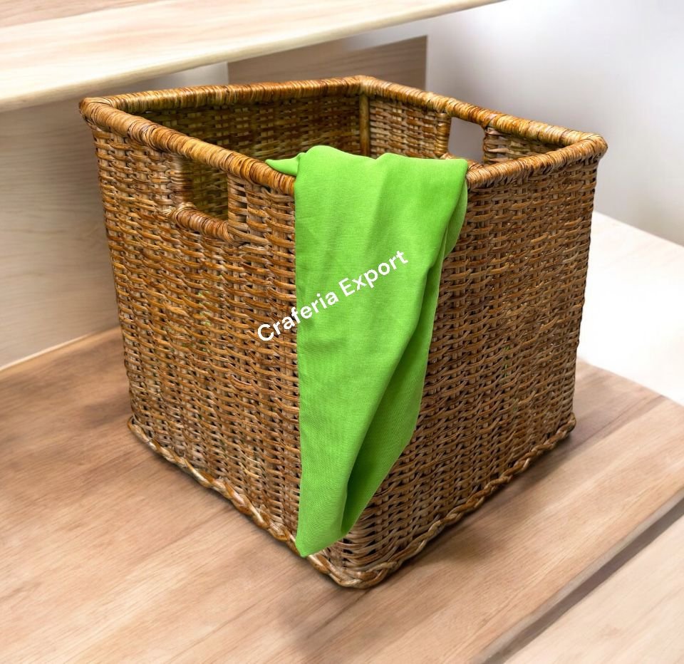 Wicker Box Laundry Basket / Cane Rattan Storage Basket with Handle | Handwoven Laundry Hamper