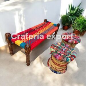 Wooden Bench with 2 bamboo Stools | 2 Seater Maachi Bench Set for indoor outdoor