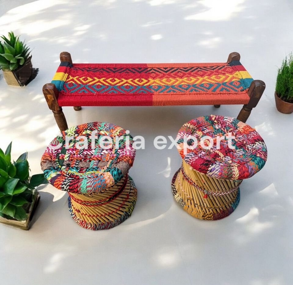 Wooden Bench with 2 bamboo Stools | 2 Seater Maachi Bench Set for indoor outdoor