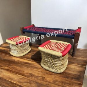 Wooden Bench 2 Seater with Pidha Stool Set | Khatiya Khaat with Stool indoor outdoor