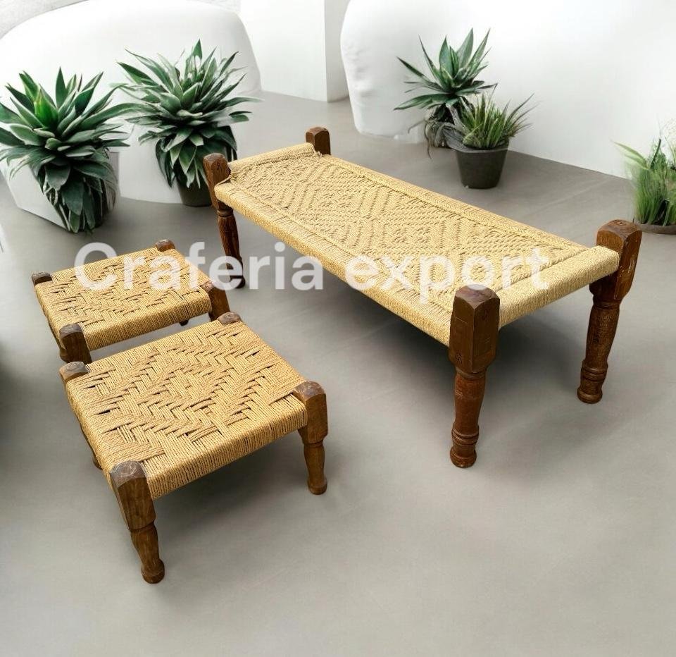 Natural  2 seater bench with pidha set of 2 for balcony /living room/cafe/restaurant