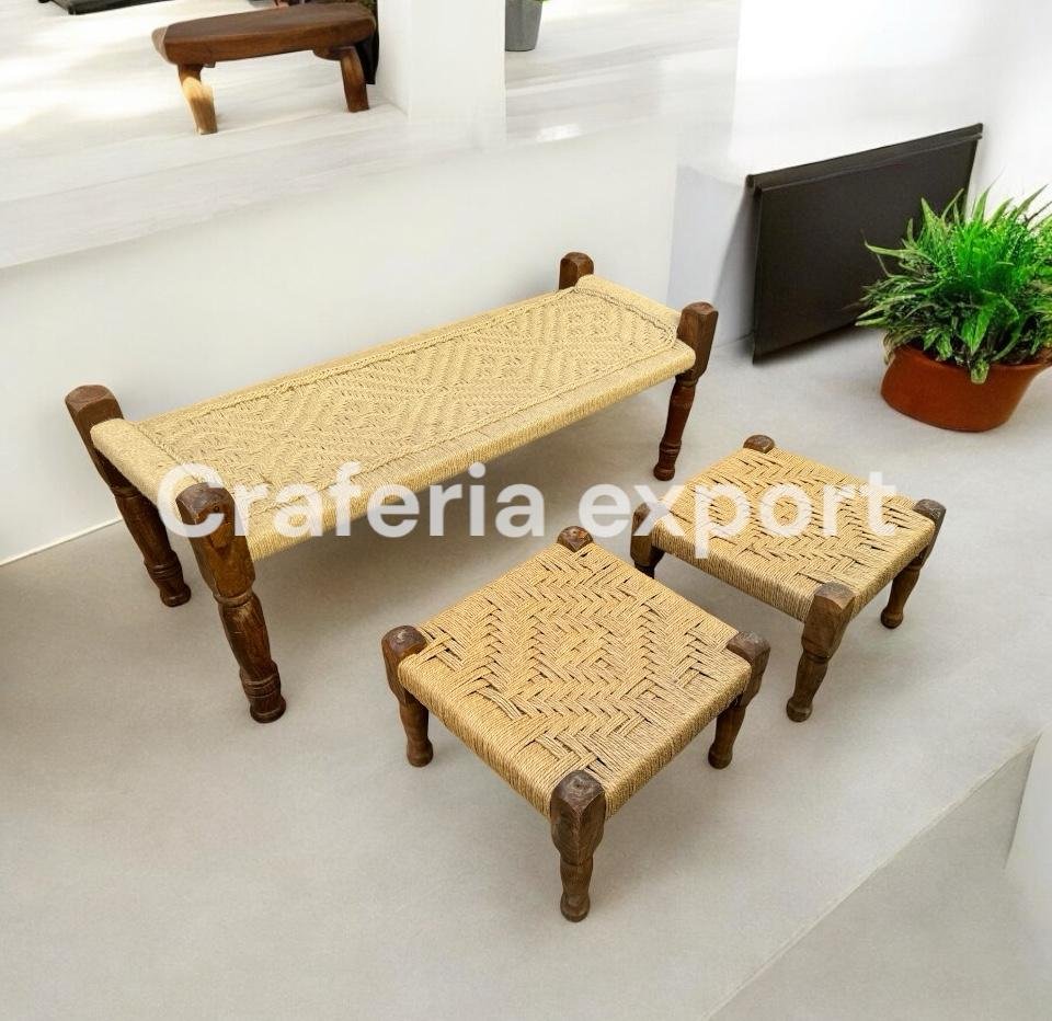 Natural  2 seater bench with pidha set of 2 for balcony /living room/cafe/restaurant