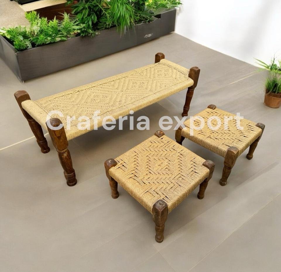 Natural  2 seater bench with pidha set of 2 for balcony /living room/cafe/restaurant