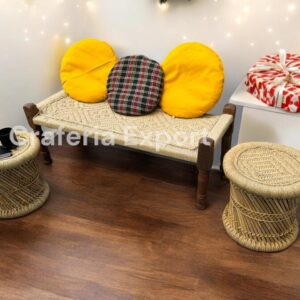Wooden Natural Bench with Mudda stools for Balcony/Indoor/Outdoor