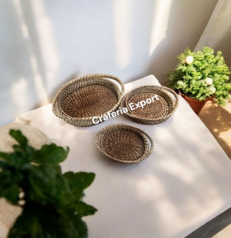 Bamboo Tray | Cane Serving Tray | Rattan Decorative Tray for Tabletop decor , gifting ,storage basket, tea coffee serving - Set of 3
