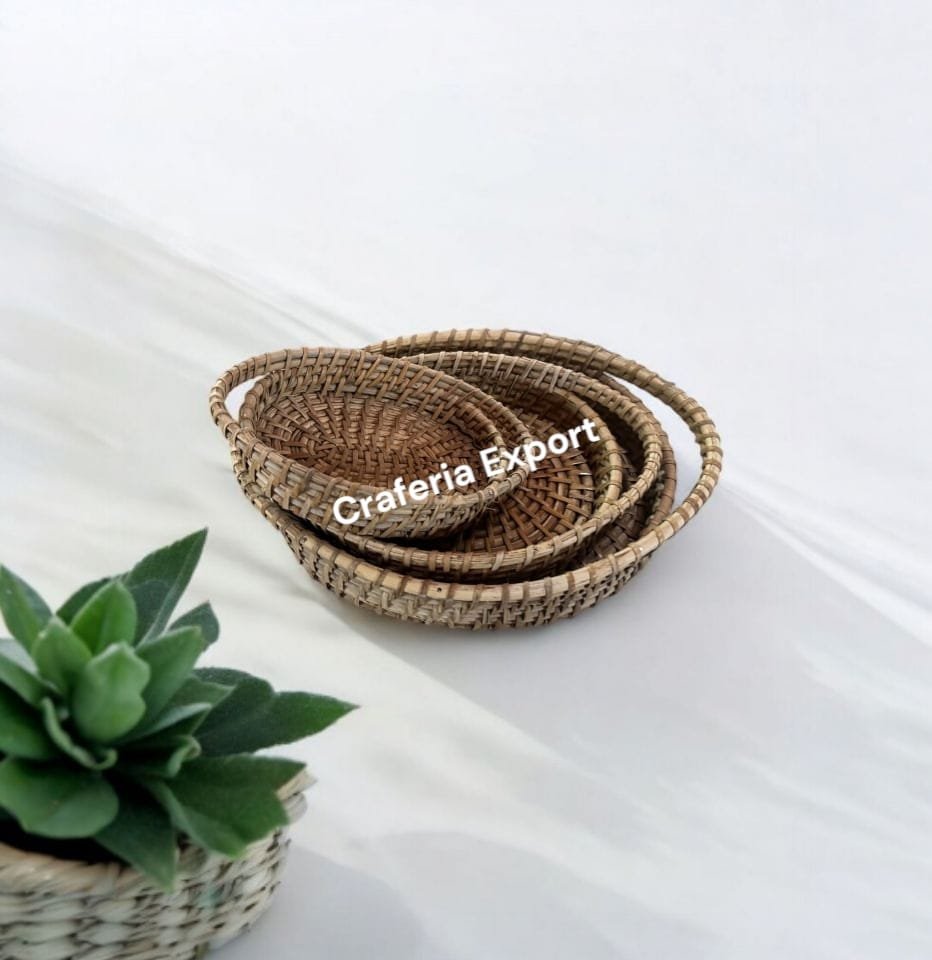 Bamboo Tray | Cane Serving Tray | Rattan Decorative Tray for Tabletop decor , gifting ,storage basket, tea coffee serving - Set of 3
