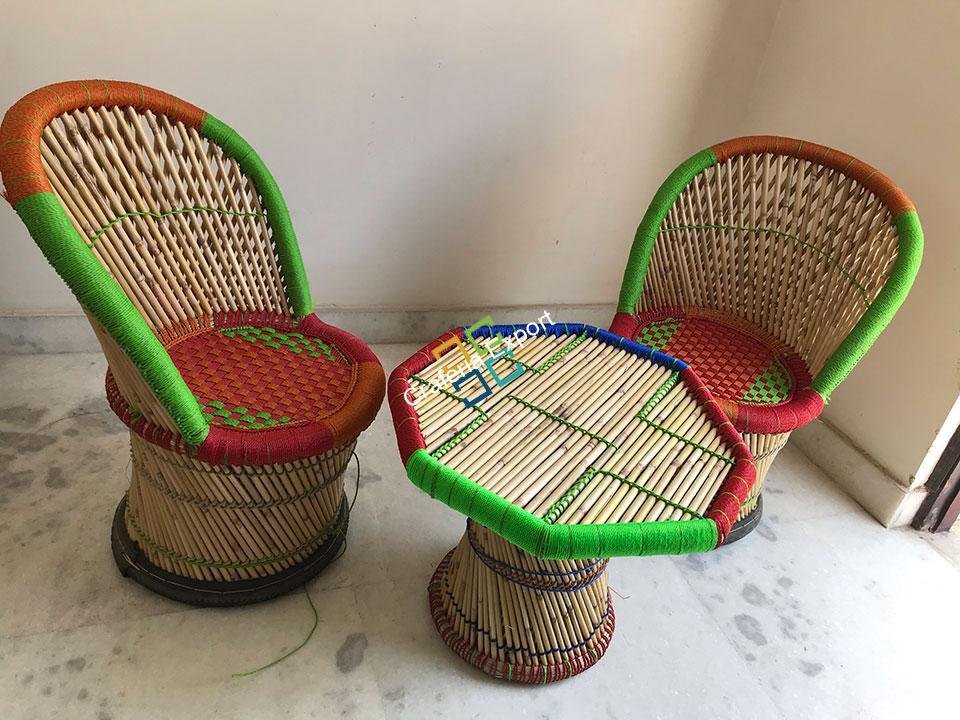 Natural bamboo mudha chair set with handmade bamboo table