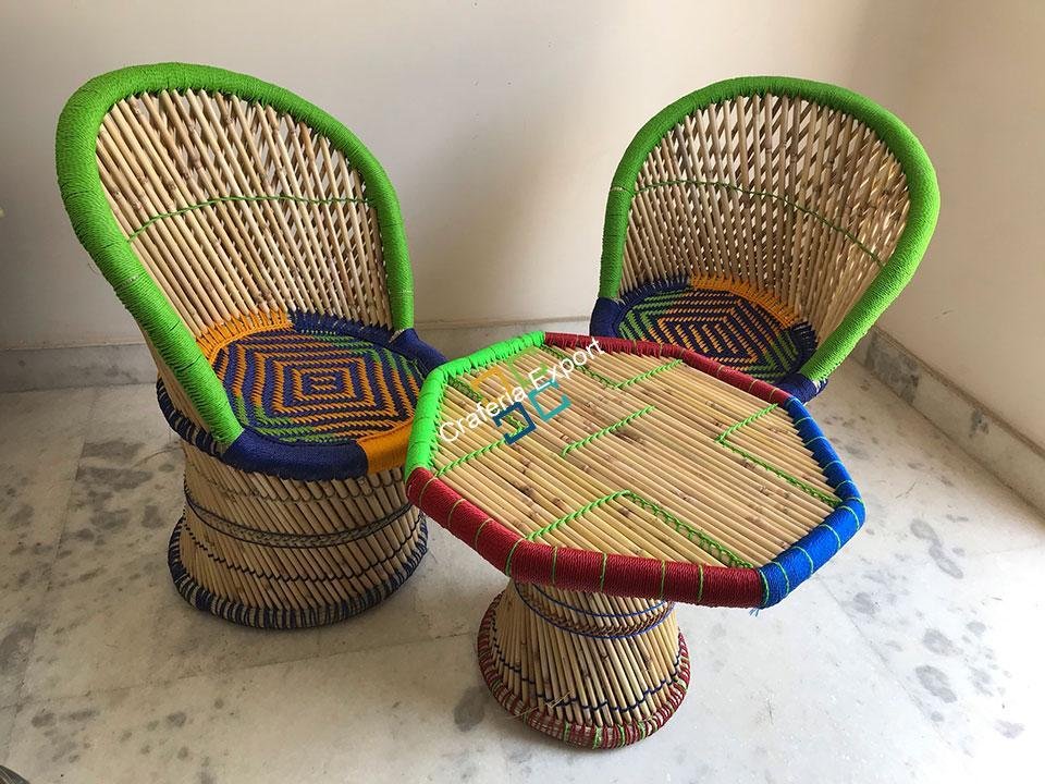 Natural bamboo mudha chair set with handmade bamboo table