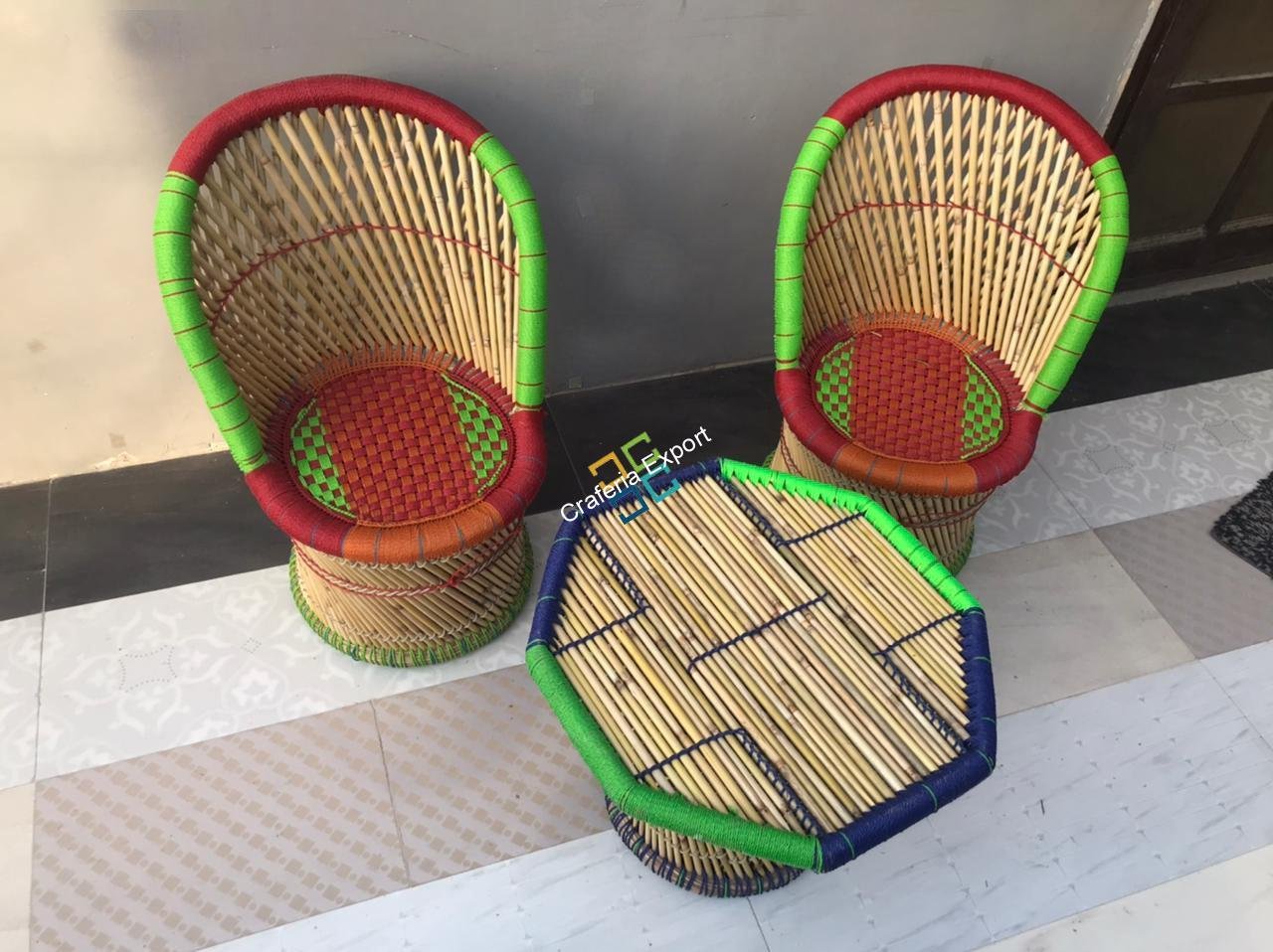 Natural bamboo mudha chair set with handmade bamboo table