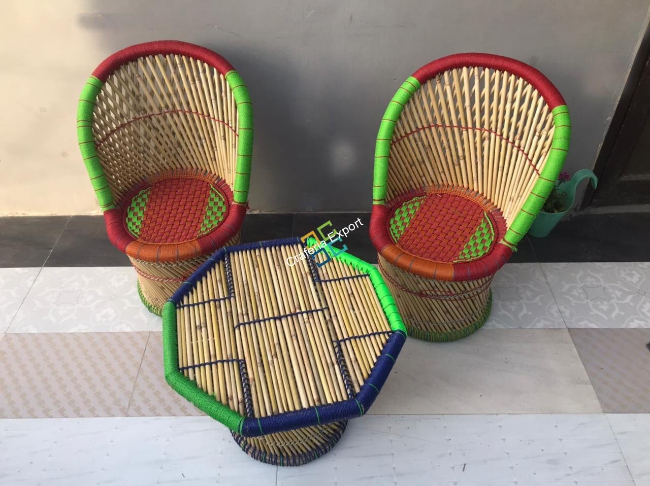 Natural bamboo mudha chair set with handmade bamboo table