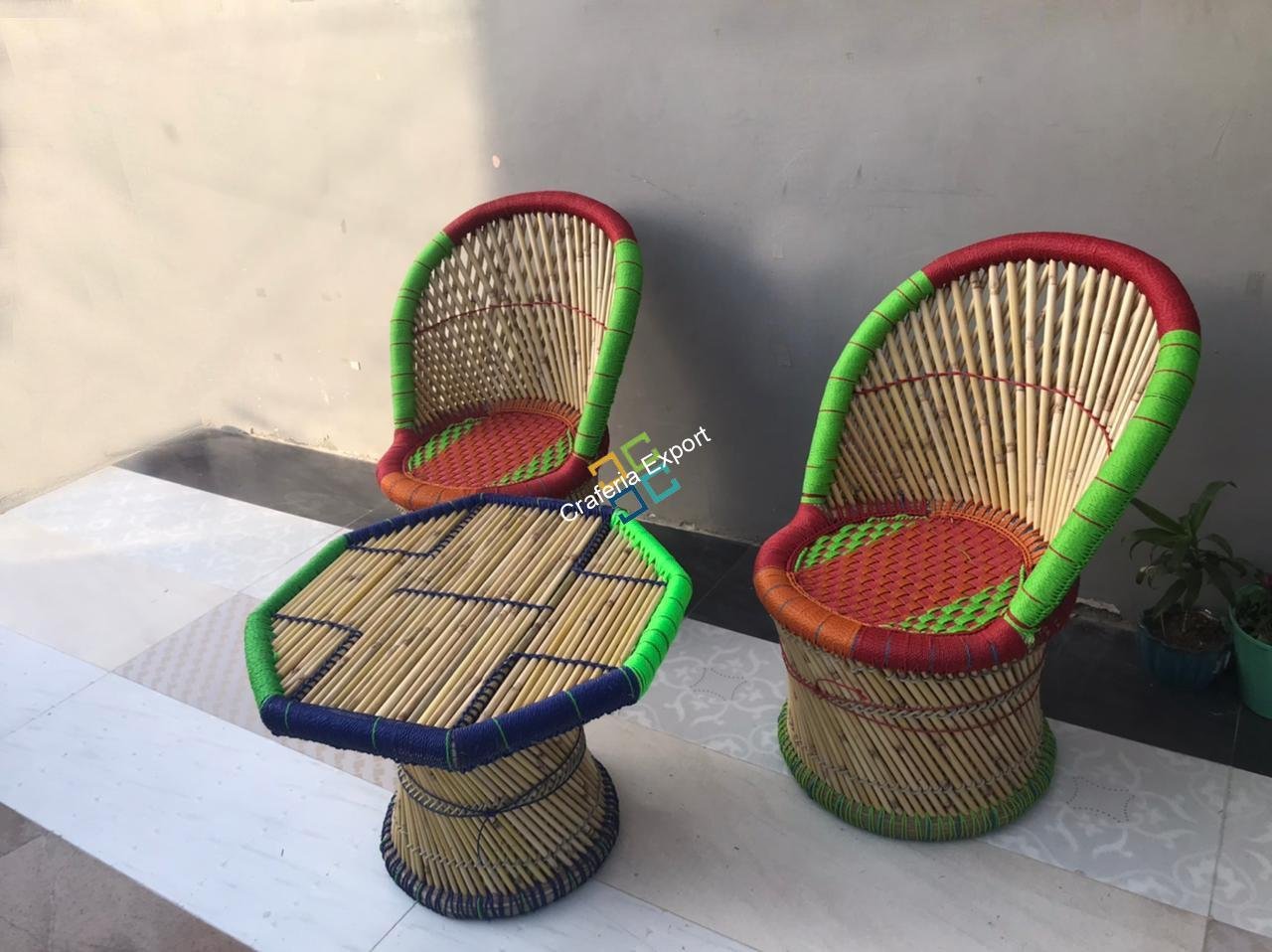 Natural bamboo mudha chair set with handmade bamboo table