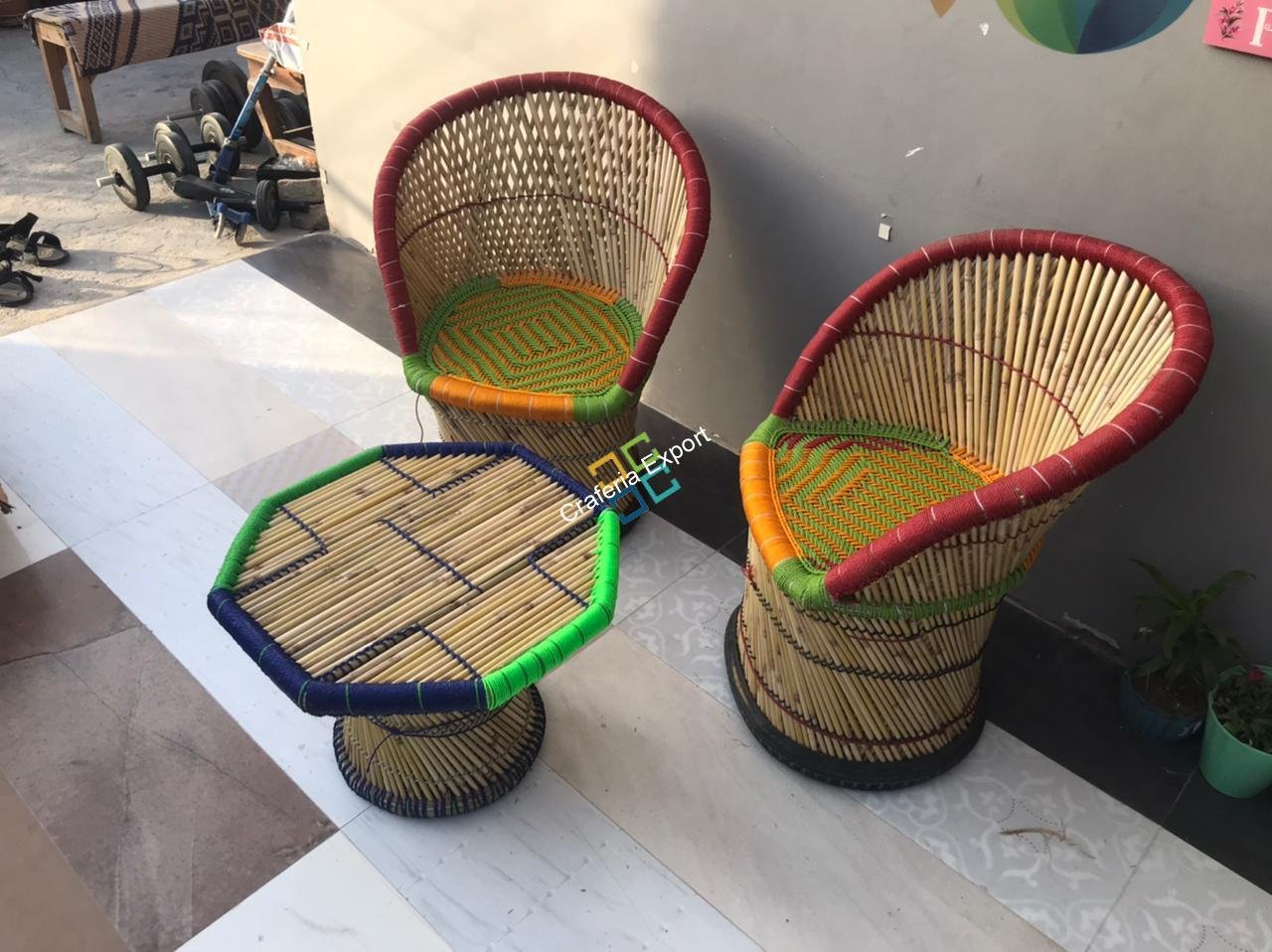Cane Bamboo Muddha Chairs with table handmade for indoor/outdoor