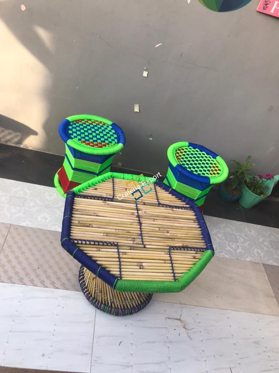 Cane bar jute stool Mudha with table Set of 3