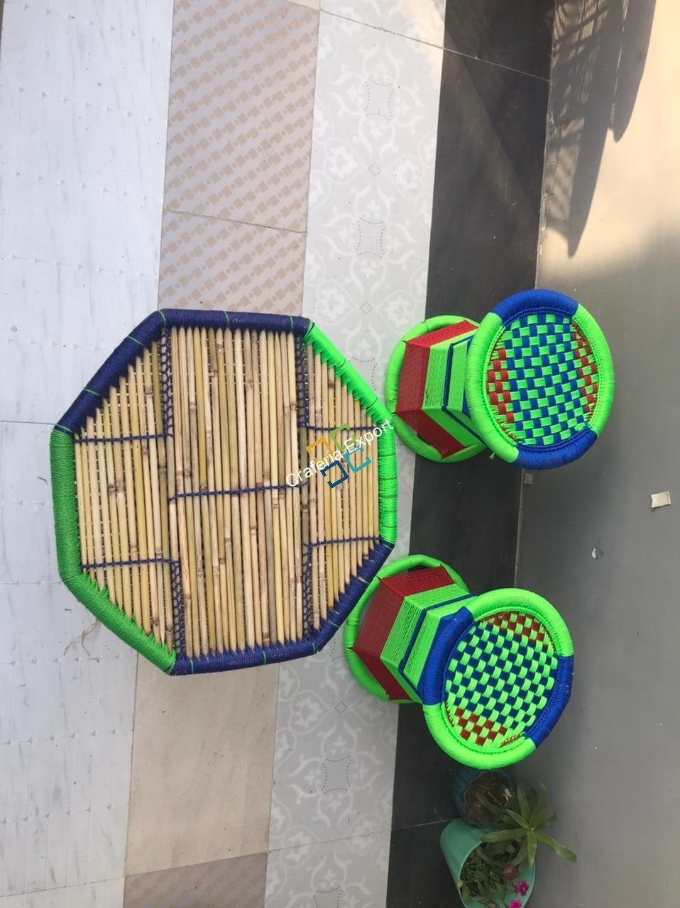 Cane bar jute stool Mudha with table Set of 3