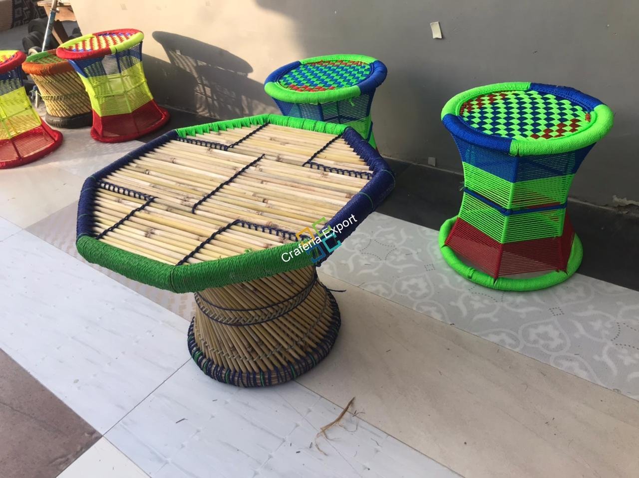 Cane bar jute stool Mudha with table Set of 3